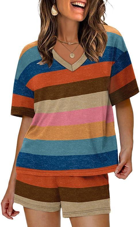 imageXIEERDUO Lounge Sets for Women Shorts Summer Pajamas for Women Set Sleepwear 2 Piece Sets Airport Vacation OutfitsColorful Stripe 2