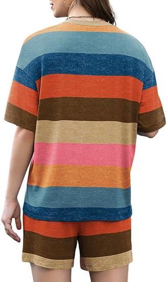 imageXIEERDUO Lounge Sets for Women Shorts Summer Pajamas for Women Set Sleepwear 2 Piece Sets Airport Vacation OutfitsColorful Stripe 2