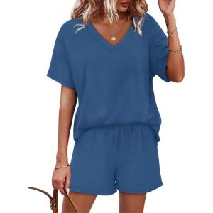 imageXIEERDUO Lounge Sets for Women Shorts Summer Pajamas for Women Set Sleepwear 2 Piece Sets Airport Vacation OutfitsBlue