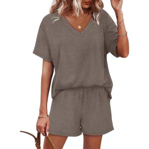 imageXIEERDUO Lounge Sets for Women Shorts Summer Pajamas for Women Set Sleepwear 2 Piece Sets Airport Vacation OutfitsCoffee