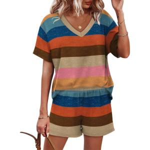 imageXIEERDUO Lounge Sets for Women Shorts Summer Pajamas for Women Set Sleepwear 2 Piece Sets Airport Vacation OutfitsColorful Stripe 2