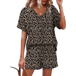 imageXIEERDUO Lounge Sets for Women Shorts Summer Pajamas for Women Set Sleepwear 2 Piece Sets Airport Vacation OutfitsLeopard