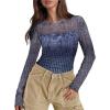 imageXIEERDUO Womens Sexy Sheer Long Sleeve Tops Crew Neck Mesh Ruched Going Out Shirts Blouse Date Night OutfitsZ Print Ombre