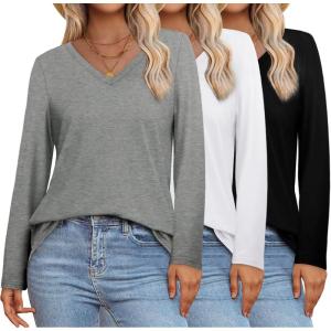 imageXIEERDUO Womens Long Sleeve ShirtsFall Tops Basic Tshirts Loose Fit V Neck 3 PacksBlackgreywhite