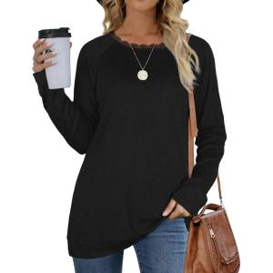 imageXIEERDUO Womens Long Sleeve Shirts Lace Crewneck Tunic Tops for Leggings Loose Fit01black