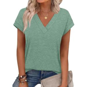 imageXIEERDUO Womens Summer Tops Short Sleeve Shrits 2026 Trendy V Neck Spring Outfits Beach Vacation ClothesBlue Green
