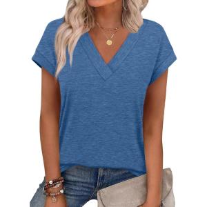 imageXIEERDUO Womens Summer Tops Short Sleeve Shrits 2026 Trendy V Neck Spring Outfits Beach Vacation ClothesDark Blue