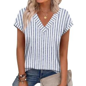 imageXIEERDUO Womens Summer Tops Short Sleeve Shrits 2026 Trendy V Neck Spring Outfits Beach Vacation ClothesPatternedblue Striped