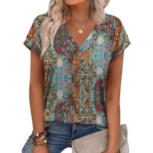 imageXIEERDUO Womens Summer Tops Short Sleeve Shrits 2026 Trendy V Neck Spring Outfits Beach Vacation ClothesPatternedboho Floral