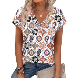 imageXIEERDUO Womens Summer Tops Short Sleeve Shrits 2026 Trendy V Neck Spring Outfits Beach Vacation ClothesPatternedboho Print