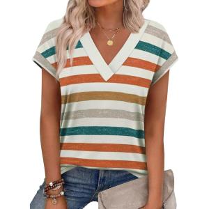 imageXIEERDUO Womens Summer Tops Short Sleeve Shrits 2026 Trendy V Neck Spring Outfits Beach Vacation ClothesPatternedmulticolor Stripe