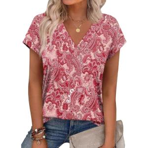 imageXIEERDUO Womens Summer Tops Short Sleeve Shrits 2026 Trendy V Neck Spring Outfits Beach Vacation ClothesPatternedpink Print