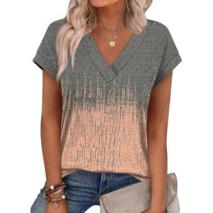 imageXIEERDUO Womens Summer Tops Short Sleeve Shrits 2026 Trendy V Neck Spring Outfits Beach Vacation ClothesPatternedtie Dye Coral