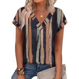 imageXIEERDUO Womens Summer Tops Short Sleeve Shrits 2026 Trendy V Neck Spring Outfits Beach Vacation ClothesPatternedtie Dye Striped