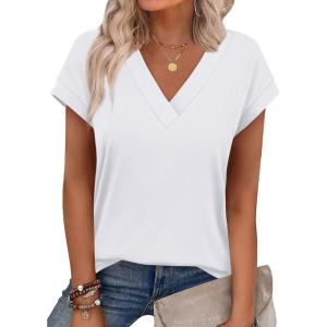 imageXIEERDUO Womens Summer Tops Short Sleeve Shrits 2026 Trendy V Neck Spring Outfits Beach Vacation ClothesWhite