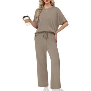 imageXIEERDUO Womens Side Slit Lounge Sets 2 Piece Travel Outfits Airport Tracksuit Oversized Wide Leg Loungewear S3XLA Khaki