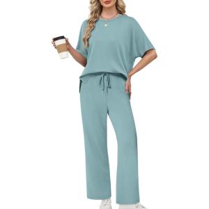 imageXIEERDUO Womens Side Slit Lounge Sets 2 Piece Travel Outfits Airport Tracksuit Oversized Wide Leg Loungewear S3XLLake Blue