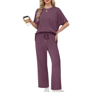 imageXIEERDUO Womens Side Slit Lounge Sets 2 Piece Travel Outfits Airport Tracksuit Oversized Wide Leg Loungewear S3XLPurple