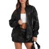 imageXIEERDUO Faux Leather Jacket Women Oversized Motorcycle Bomber Coats Zip Up Sleeve Pocket 2025 Fall Winter ClothesBlack