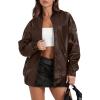 imageXIEERDUO Faux Leather Jacket Women Oversized Motorcycle Bomber Coats Zip Up Sleeve Pocket 2025 Fall Winter ClothesBrown