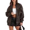 imageXIEERDUO Faux Leather Jacket Women Oversized Motorcycle Bomber Coats Zip Up Sleeve Pocket 2025 Fall Winter ClothesCoffee