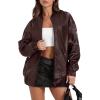 imageXIEERDUO Faux Leather Jacket Women Oversized Motorcycle Bomber Coats Zip Up Sleeve Pocket 2025 Fall Winter ClothesDark Coffee