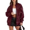 imageXIEERDUO Faux Leather Jacket Women Oversized Motorcycle Bomber Coats Zip Up Sleeve Pocket 2025 Fall Winter ClothesRed