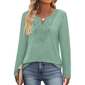imageXIEERDUO Boho Tops for Women Blouses Dressy Casual V Neck Long Sleeve Shirts Fall Outfits Trendy Vacation ClothesGrey Green
