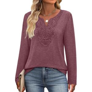imageXIEERDUO Boho Tops for Women Blouses Dressy Casual V Neck Long Sleeve Shirts Fall Outfits Trendy Vacation ClothesWine Red