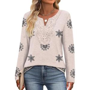 imageXIEERDUO Boho Tops for Women Blouses Dressy Casual V Neck Long Sleeve Shirts Fall Outfits Trendy Vacation ClothesZ Begie Printed