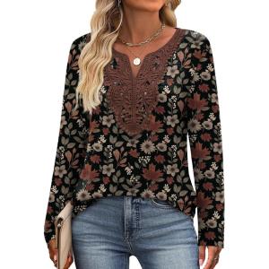 imageXIEERDUO Boho Tops for Women Blouses Dressy Casual V Neck Long Sleeve Shirts Fall Outfits Trendy Vacation ClothesZ Grey Printed