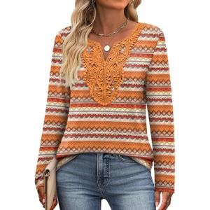 imageXIEERDUO Boho Tops for Women Blouses Dressy Casual V Neck Long Sleeve Shirts Fall Outfits Trendy Vacation ClothesZ Orange Printed