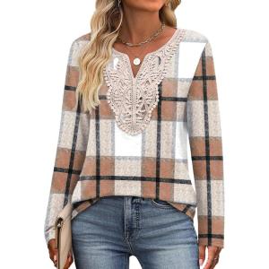 imageXIEERDUO Boho Tops for Women Blouses Dressy Casual V Neck Long Sleeve Shirts Fall Outfits Trendy Vacation ClothesZ Plaid Brown