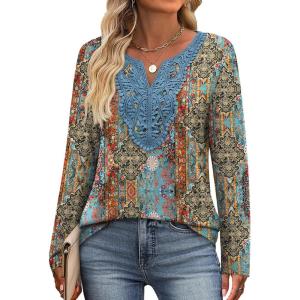 imageXIEERDUO Boho Tops for Women Blouses Dressy Casual V Neck Long Sleeve Shirts Fall Outfits Trendy Vacation ClothesZ Print Black