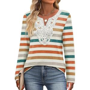 imageXIEERDUO Boho Tops for Women Blouses Dressy Casual V Neck Long Sleeve Shirts Fall Outfits Trendy Vacation ClothesZ Striped Orange