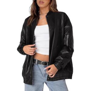 imageXIEERDUO Faux Leather Jacket Women Oversized Motorcycle Bomber Coats Zip Up Sleeve Pocket 2025 Fall Winter ClothesBlack