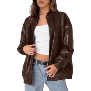 imageXIEERDUO Faux Leather Jacket Women Oversized Motorcycle Bomber Coats Zip Up Sleeve Pocket 2025 Fall Winter ClothesBrown