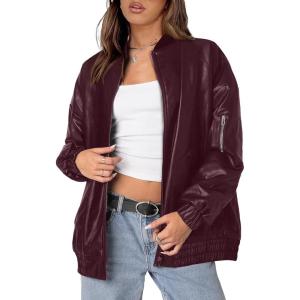 imageXIEERDUO Faux Leather Jacket Women Oversized Motorcycle Bomber Coats Zip Up Sleeve Pocket 2025 Fall Winter ClothesBurgundy