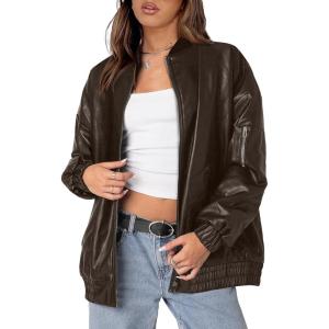 imageXIEERDUO Faux Leather Jacket Women Oversized Motorcycle Bomber Coats Zip Up Sleeve Pocket 2025 Fall Winter ClothesCoffee