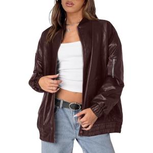 imageXIEERDUO Faux Leather Jacket Women Oversized Motorcycle Bomber Coats Zip Up Sleeve Pocket 2025 Fall Winter ClothesDark Coffee