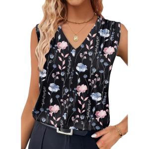 imageXIEERDUO Womens Tank Tops Loose Fit Casual Fashion Summer Soft Pleated V Neck Sleeveless BlousesBlack Print
