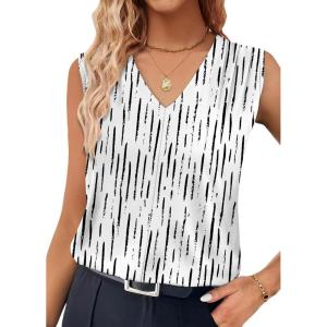 imageXIEERDUO Womens Tank Tops Loose Fit Casual Fashion Summer Soft Pleated V Neck Sleeveless BlousesVertical Stripe Print