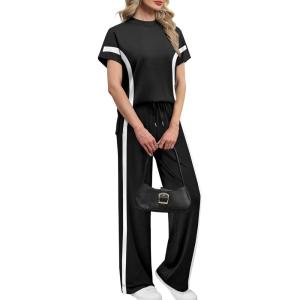 imageXIEERDUO Women Lounge Sets Summer 2 Piece Outfits Spring Airport Wide Leg Loungewear Travel Short Sleeve Tracksuit Vacation Mock Neck Track Suits Woman Resort Cruise Wear Loose Fit Black S