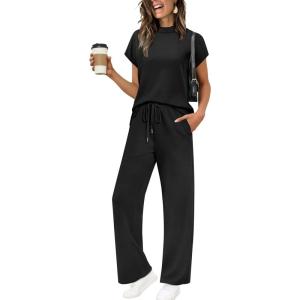 imageXIEERDUO Women Lounge Sets Summer 2 Piece Outfits Spring Airport Wide Leg Loungewear Travel Short Sleeve Tracksuits Vacation Mock Neck Track Suits Womens Resort Cruise Wear Loose Fit Black XXL