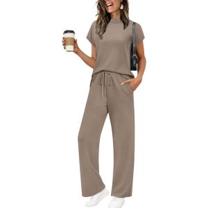 imageXIEERDUO Women Lounge Sets Summer Two Piece Outfits Spring Airport Wide Leg Loungewear Travel Short Sleeve Tracksuits Vacation Mock Neck Track Suits Woman Resort Cruise Wear Loose Fit Khaki S