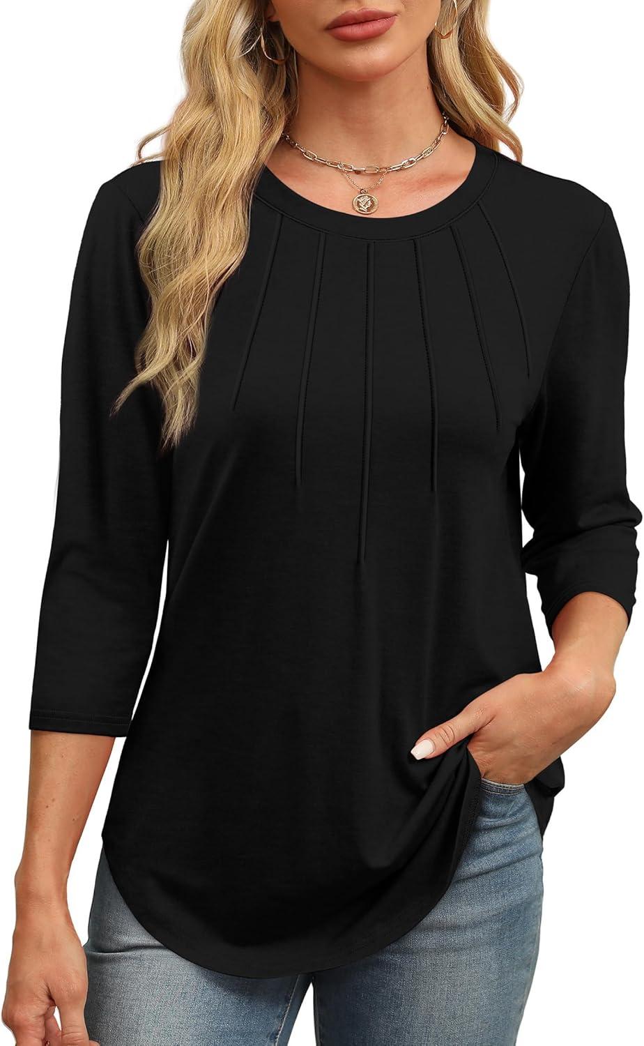 imageXIEERDUO 34 Length Sleeve Womens Tops Round Neck Casual Tunic Tops Basic Pleated Shirts Loose Fit 2025Black