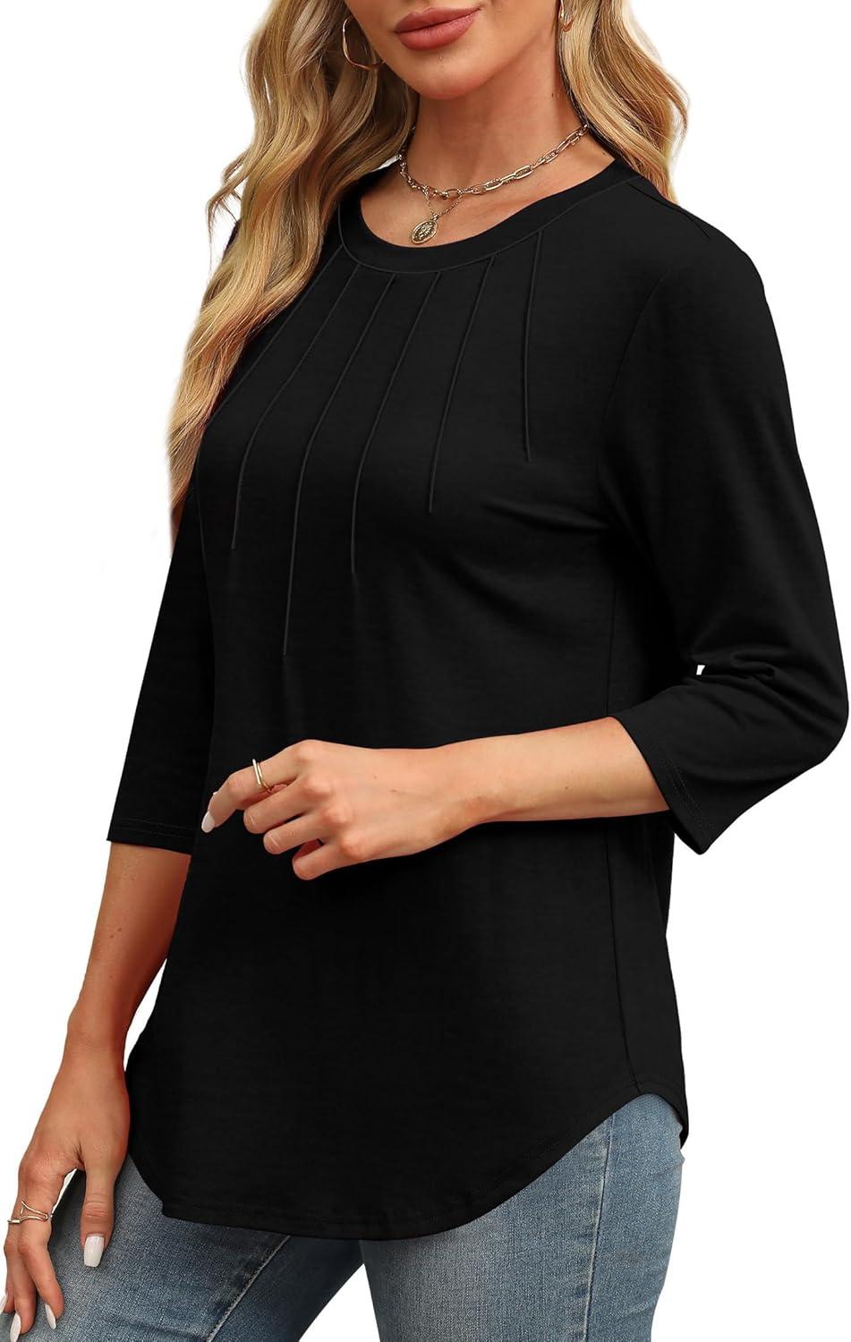 imageXIEERDUO 34 Length Sleeve Womens Tops Round Neck Casual Tunic Tops Basic Pleated Shirts Loose Fit 2025Black