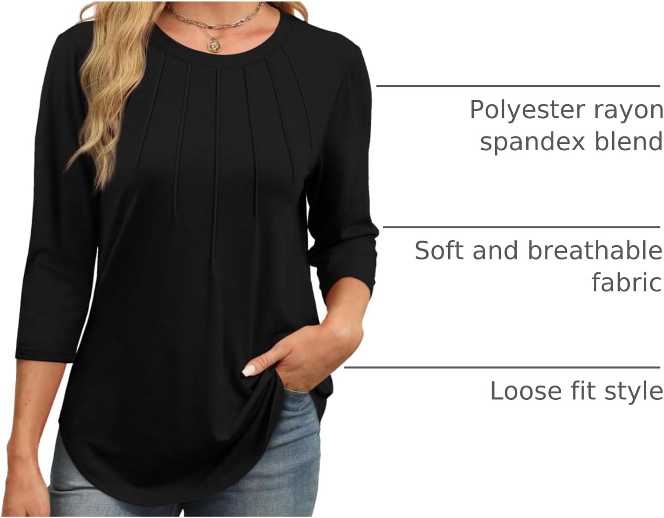 imageXIEERDUO 34 Length Sleeve Womens Tops Round Neck Casual Tunic Tops Basic Pleated Shirts Loose Fit 2025Black