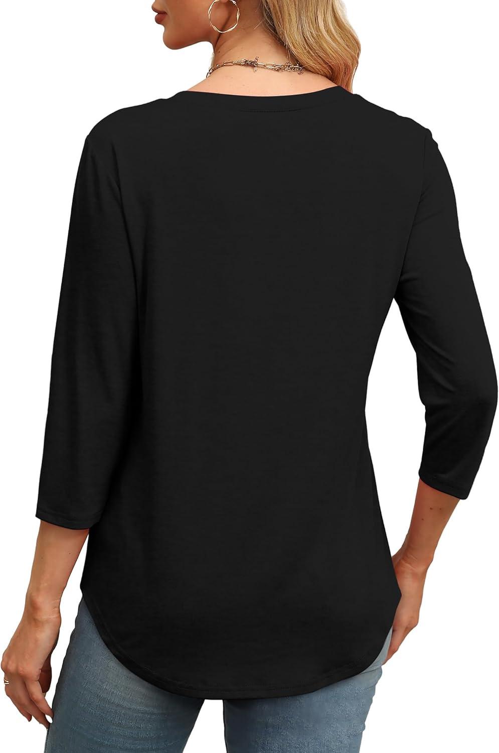 imageXIEERDUO 34 Length Sleeve Womens Tops Round Neck Casual Tunic Tops Basic Pleated Shirts Loose Fit 2025Black