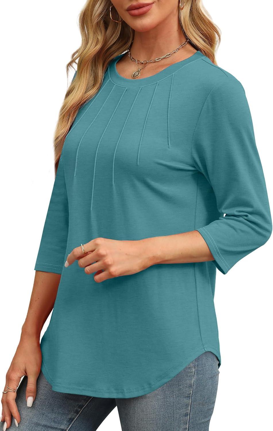 imageXIEERDUO 34 Length Sleeve Womens Tops Round Neck Casual Tunic Tops Basic Pleated Shirts Loose Fit 2025Blue Green